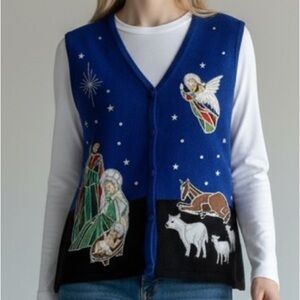 Nativity Scene Embroidered Christmas Sweater Vest – Blue & Black – Women’s XL